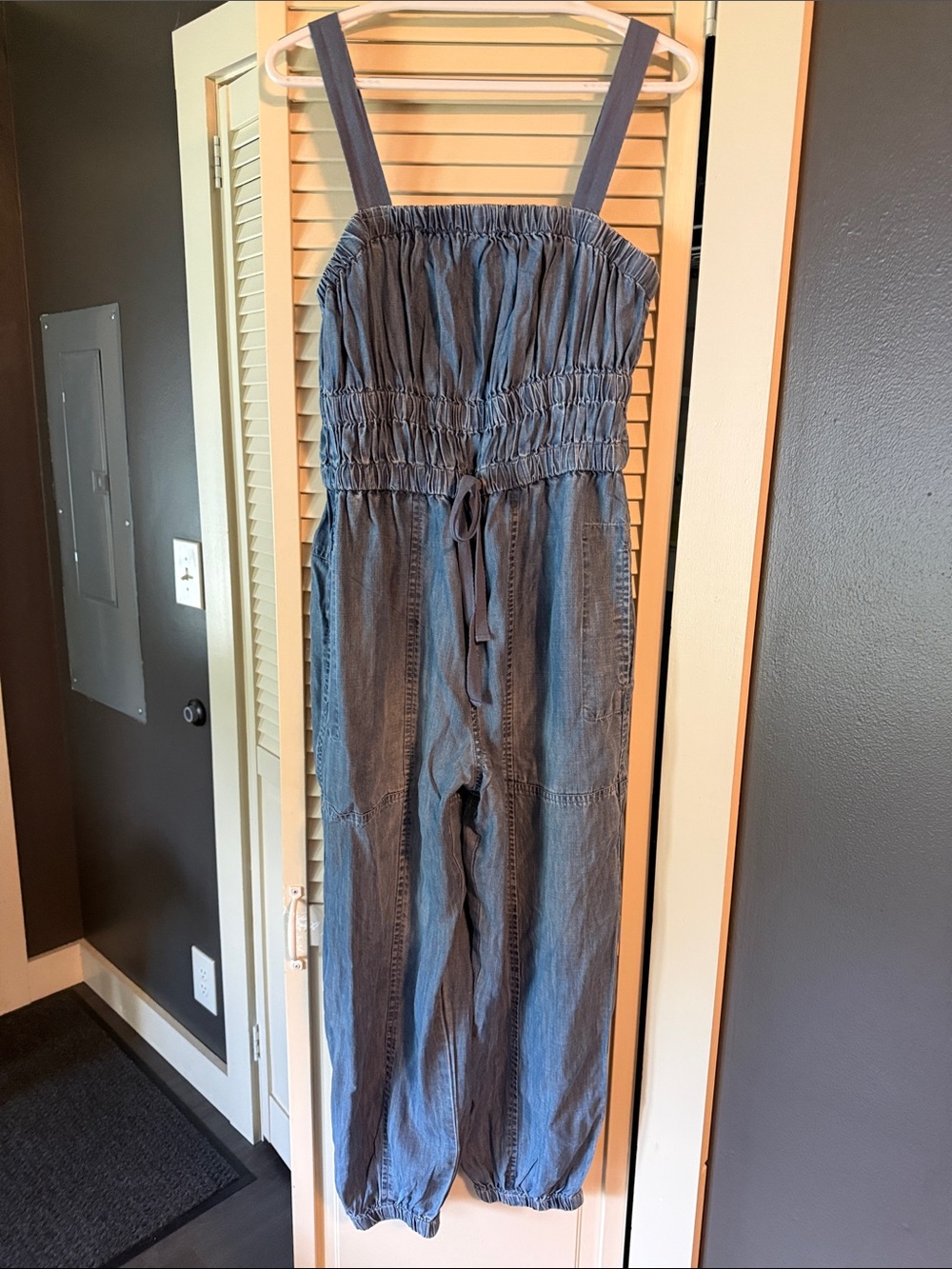 Elan Slate Blue Chambray Smocked Strap Jumpsuit